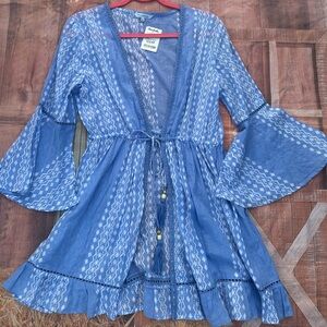 Blue Sheer Boho Dress with Bell Sleeves